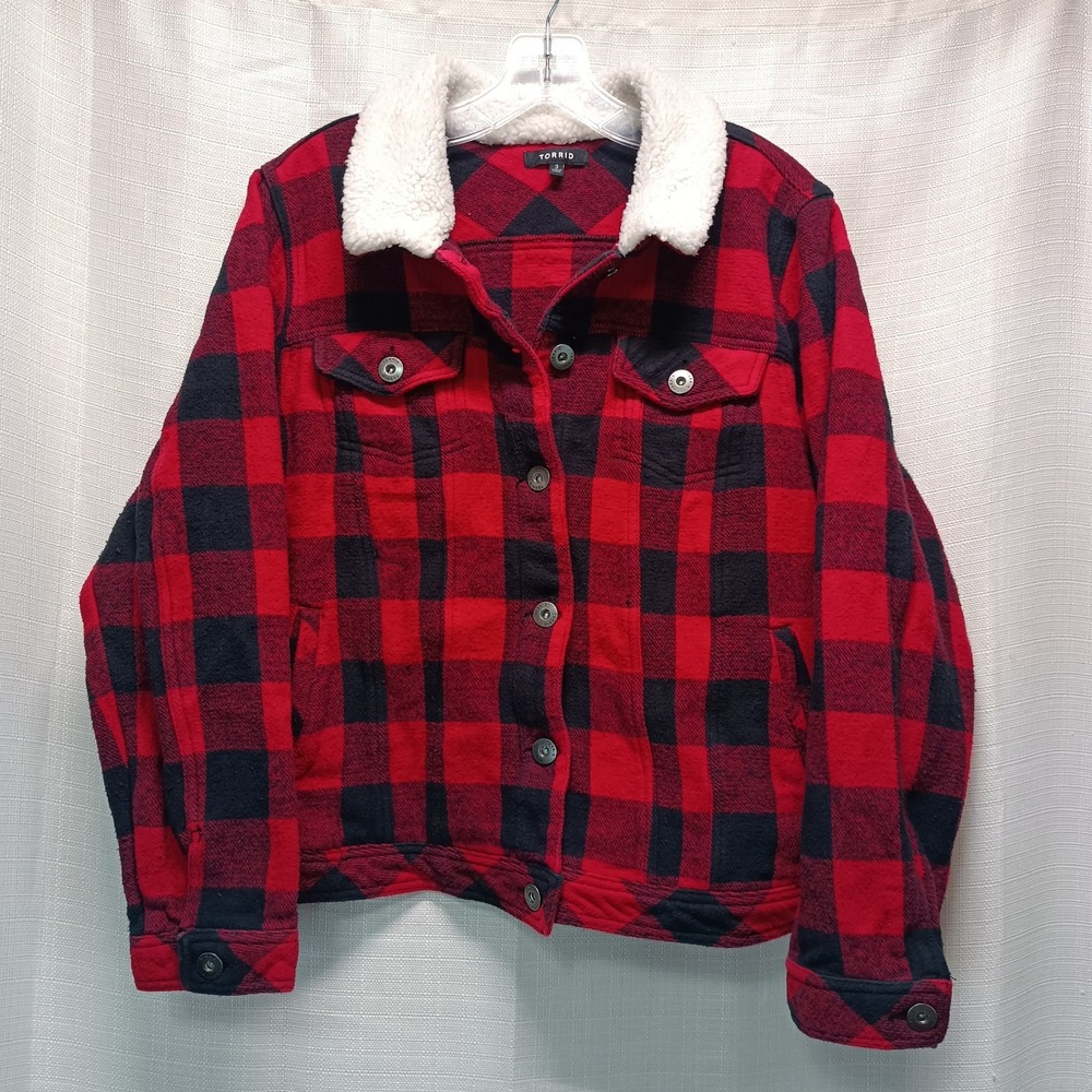 Torrid Women's 3 Red Buffalo Plaid Trucker Coat Jacket 3x Sherpa Collar